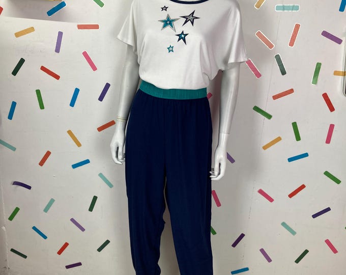 1980s nautical vintage destock blue white jumpsuit Size 14/16