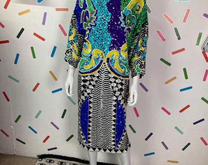 1980s true vintage sequin geo black/white/ multi colour Frank Usher trophy dress 12