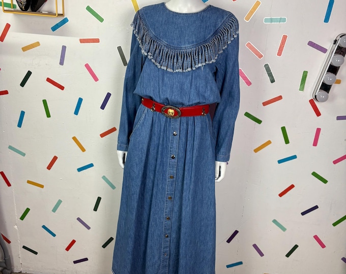 1980s true vintage dark denim tassel design western midi dress size 14