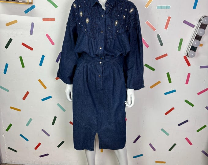 1980s true vintage dark denim western design midi dress size 14