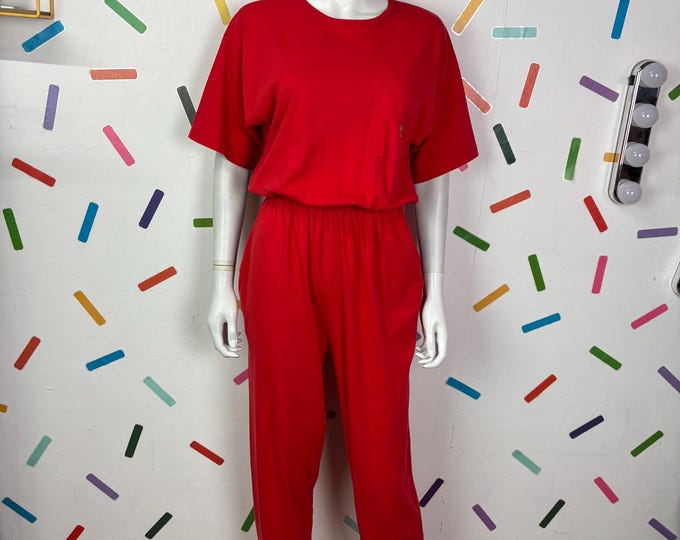 1980s true vintage bright red jesey jumpsuit size 12/14
