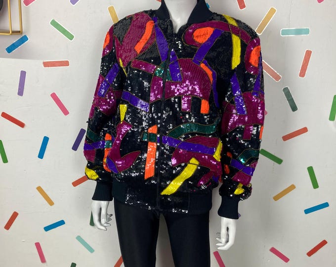1980s true vintage geo / abstract design sequin bomber jacket Size 14 RARE