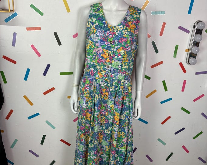 1980s true vintage blue / pink floral midi dress  size 14/16