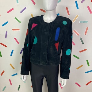 1980s true vintage suede cropped jacket with multicolour shape detail - Size 12/14