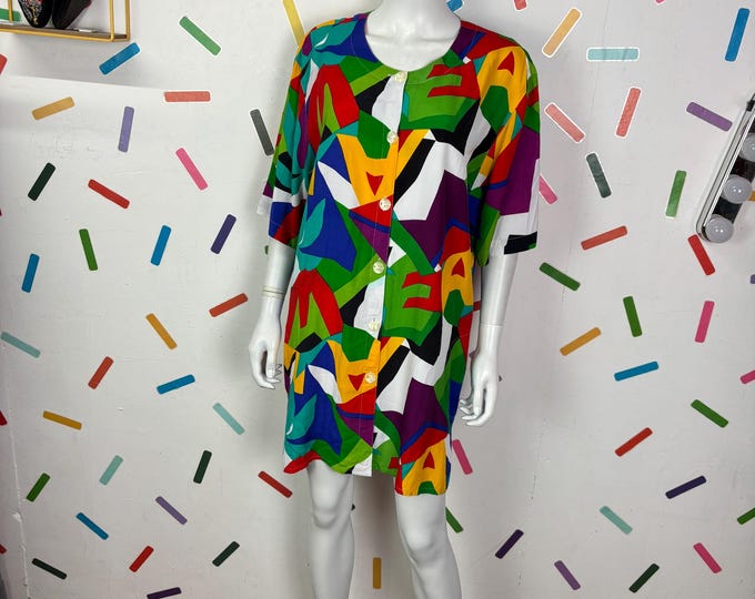 1980s true vintage multi colour tunic dress size 16