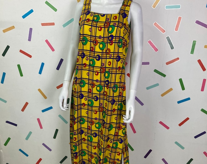 True vintage 1980s vintage yellow circle / stripe print design cross back midi dress - size up to 12