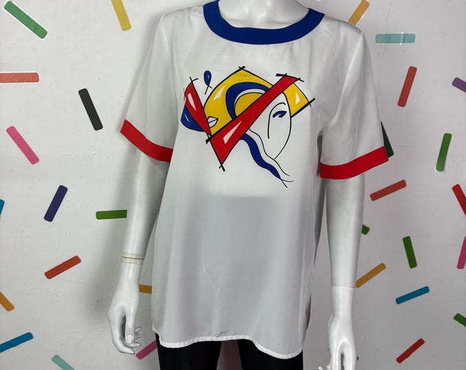 1980s true vintage face design short sleeve blouse -  Size 12