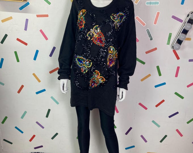 1980s true vintage  black Jewel design long line jumper size12/14