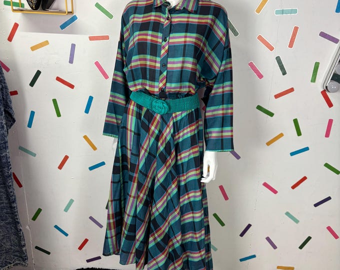 True vintage blue and green check western midi dress with pockets size 14/16