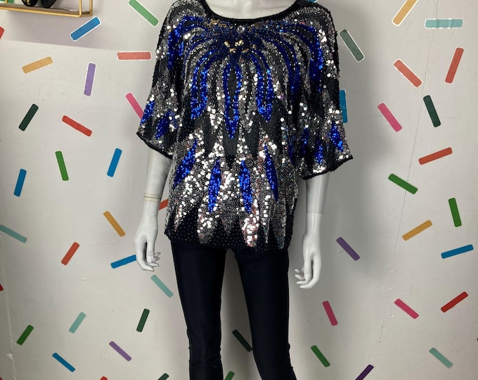 1980s true vintage butterfly design batwing sequin top silver blue Size 14