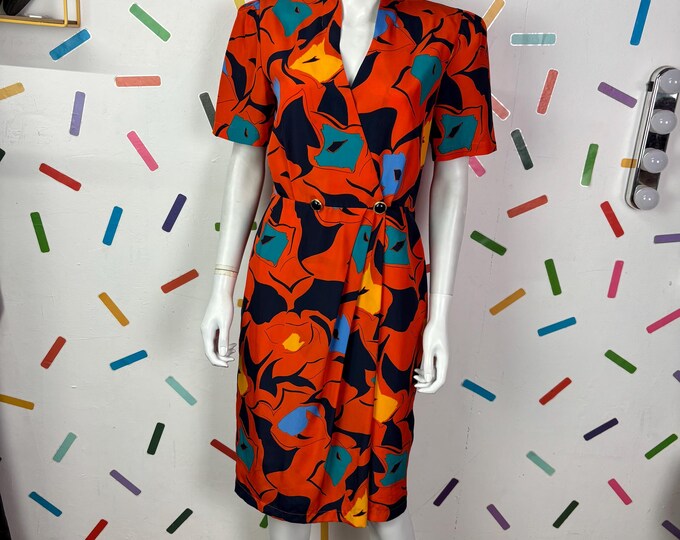 1980s Midi Dress: Vintage abstract geo dress multi colour size 12