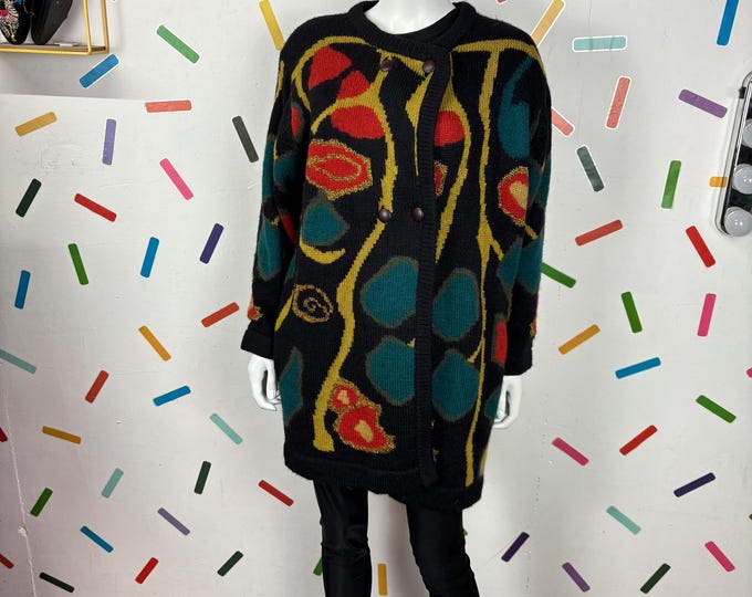 1980s true vintage  abstract geo design cardigan with gold detailing - size up to 16