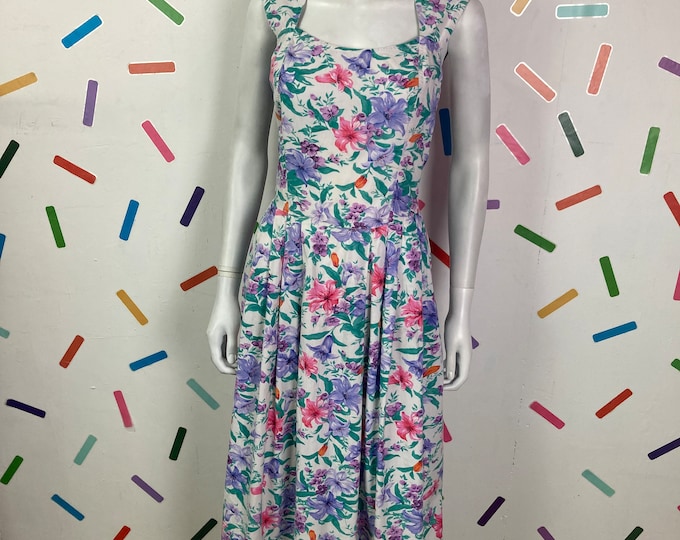 80s vintage floral summer back button midi dress with pockets size 12/14