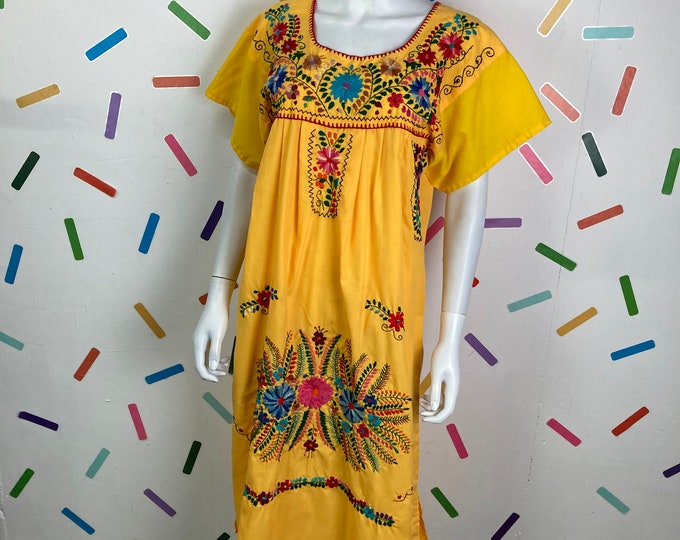 70s vintage bright yellow midi Mexicana dress with embroidery panels -  14