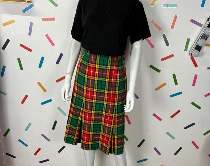 1980s true vintage tartan check yellow / green / red pencil skirt size 12/14