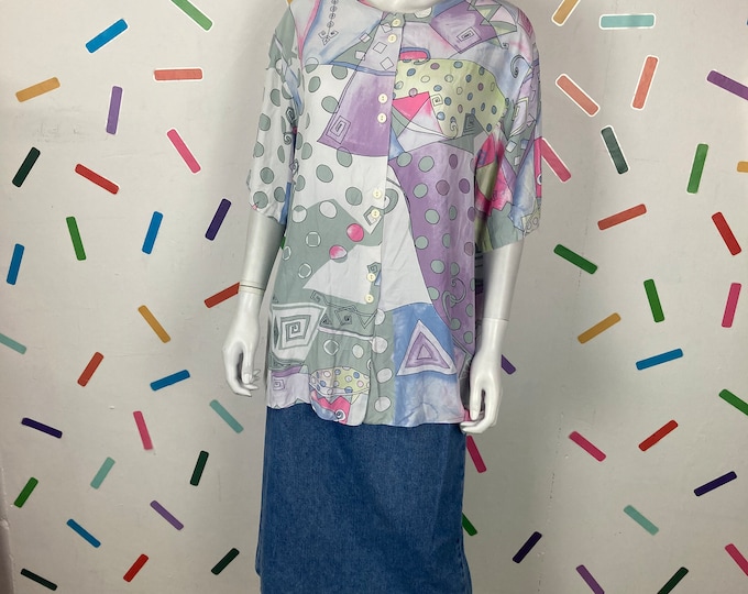 1980s true vintage geo pastel design short sleeve oversized blouse Size 22