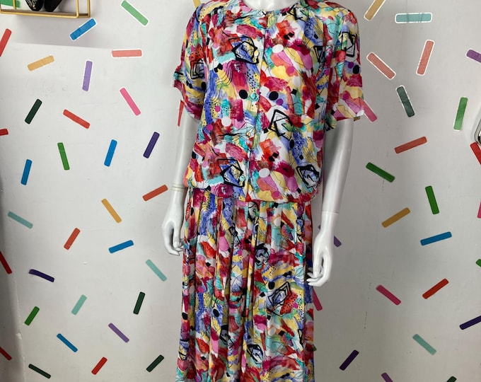 1980s true vintage abstract design 2 piece set top skirt - size up to 10/12