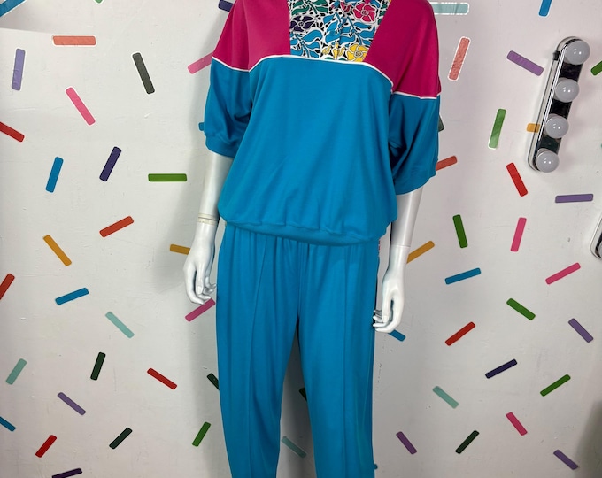 1980s bright pink / blue 3 piece trouser set / track suit size  12/14