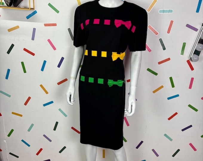 1980s true vintage black rainbow bow design dress size 14