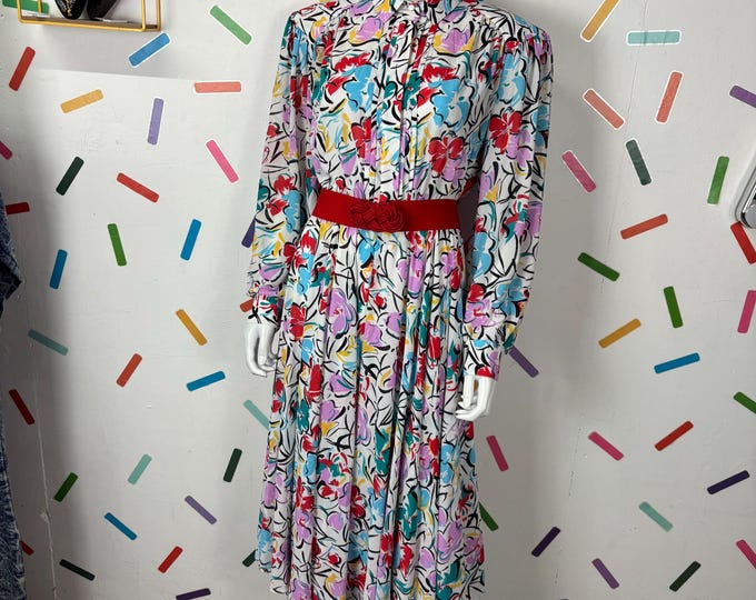 1980s true vintage white floral long sleeve dress size 12/14