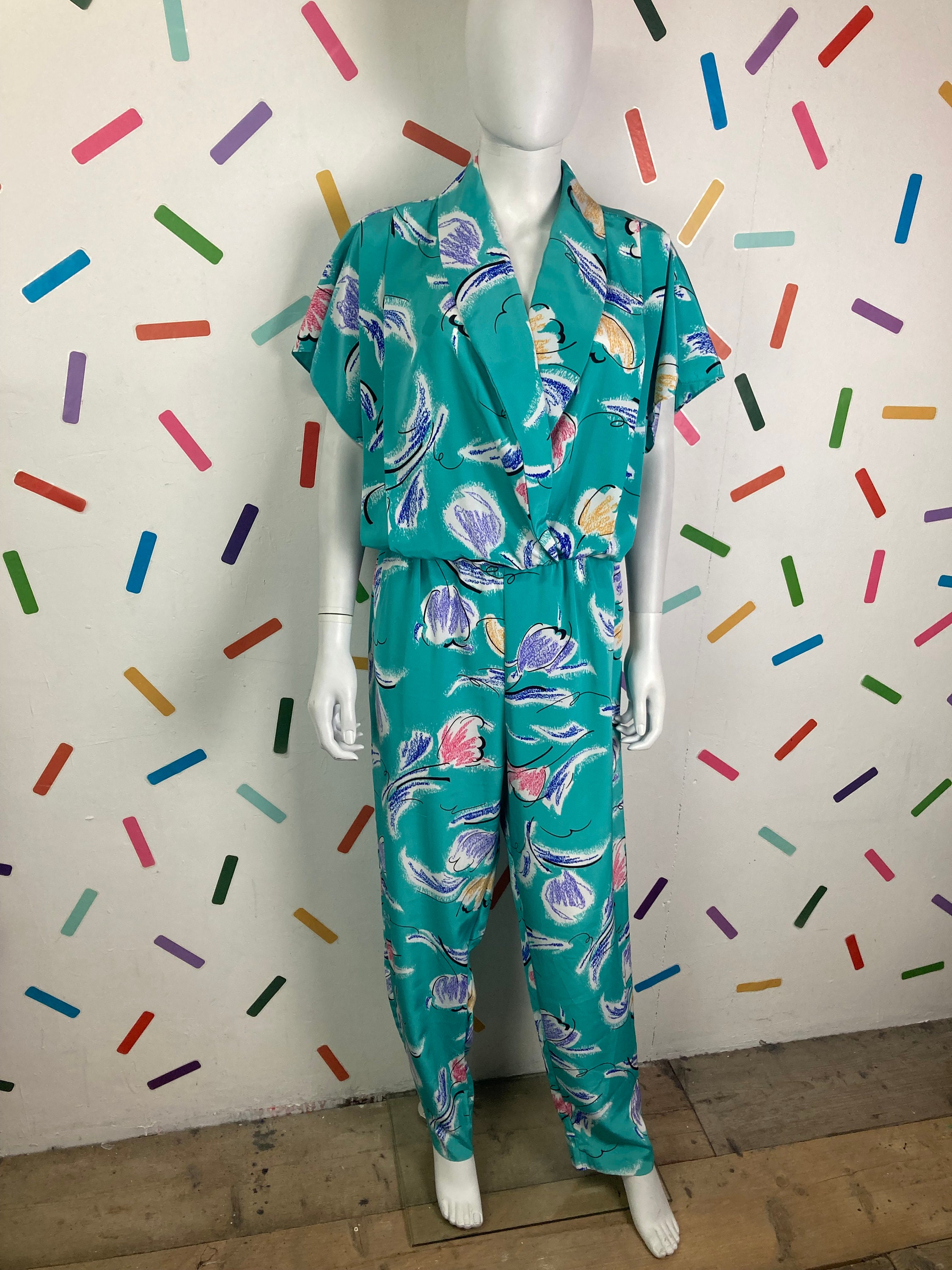 True vintage 80s floral jumpsuit with pockets teal / pink - size 14/16thumbnail