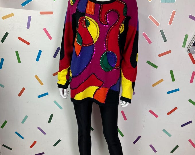 1980s true vintage long line jumper geo knit with sequins size 12/14