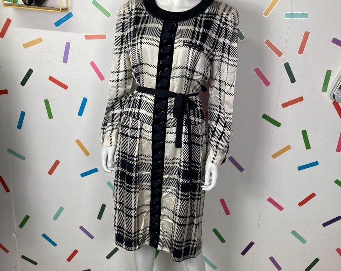 1980s Vintage Checkered Midi Dress with Velvet Detail (Size 14)