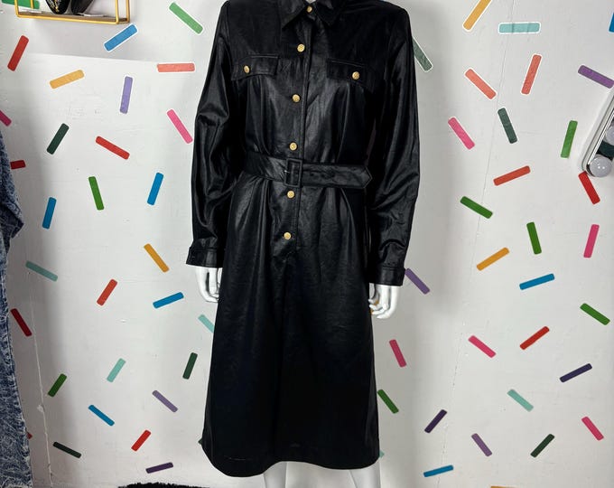1980s True Vintage black wet look dress -  Size 12/14