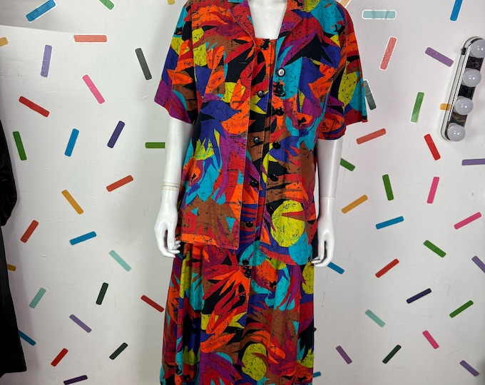 1980s true vintage 2 piece set dress / shirt tropical print size 12