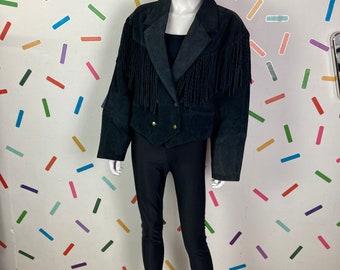 1980s true vintage black suede tassel design suede western jacket Size 14/16