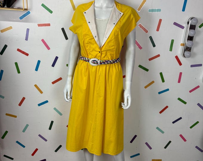 1980s true vintage new wave bright yellow  midi dress size 14