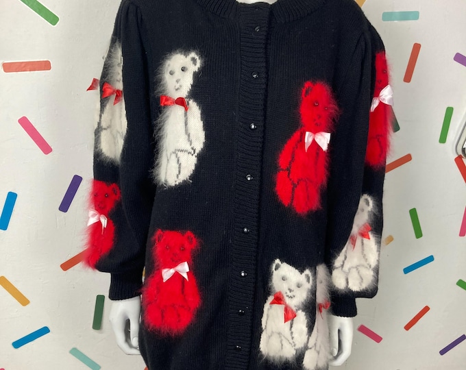 True vintage hand knitted Teddy design cardigan - black/red/white - size up to 16/18