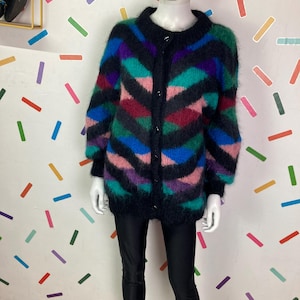 True vintage hand knitted abstract geo design colour mohair cardigan size 14/16
