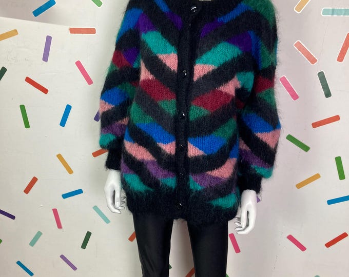 True vintage hand knitted abstract geo design colour mohair cardigan size 14/16