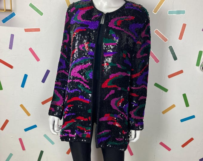 1980s true vintage abstract swirl design long line sequin jacket pink/red / green size 14/16