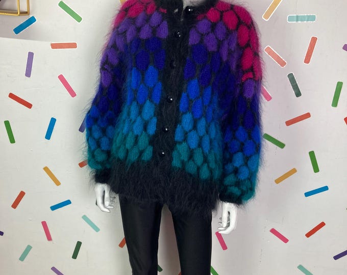 True vintage hand knitted peacock colour mohair cardigan Size 14/16