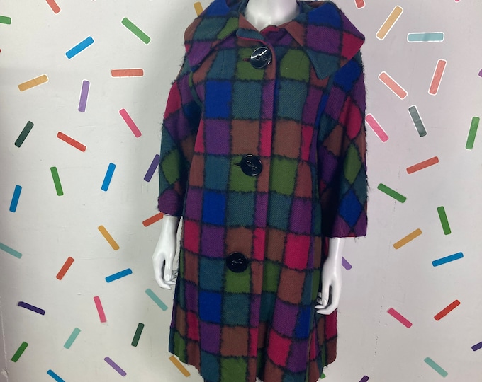 1980s does 60s check vintage pea coat with pockets - Size 12/14