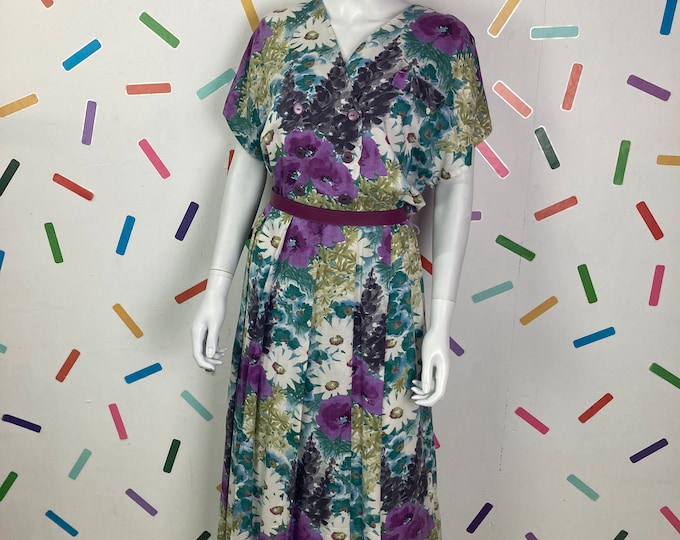 1980s true vintage purple / green floral design midi dress with original belt - size 16