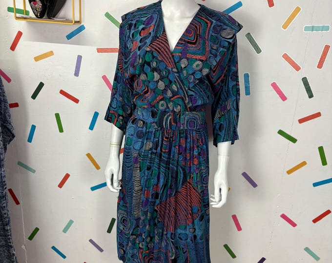 1980s vintage blue abstract geo design dress with collar detail size 12/14