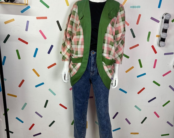 1980s true vintage check slouch peach / green  jacket size - 14/16