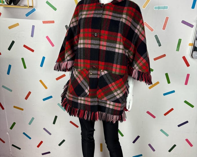 1980s true vintage reversible red check / black wool poncho size 12/14