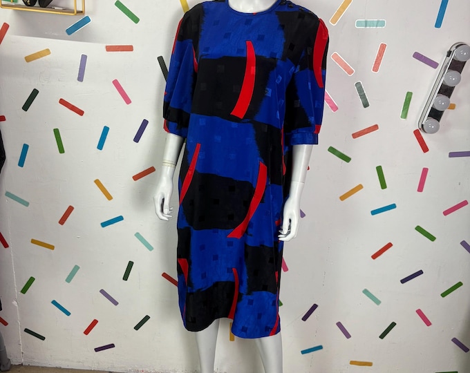 1980s True vintage blue and red geo long sleeve midi dress  - size 12/14