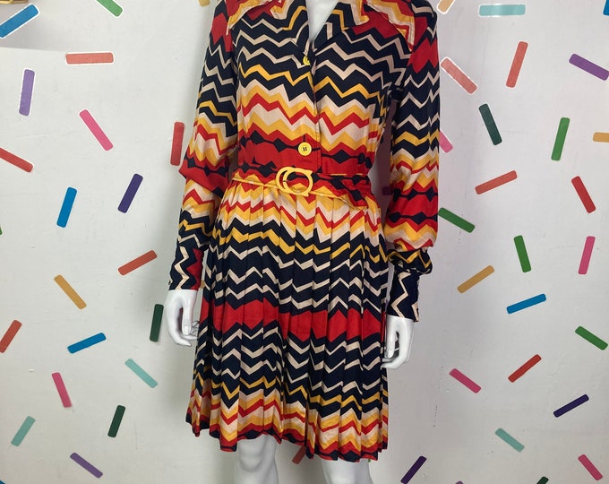 SALE - 1970s chevron design silk midi dress with belt Size 8/10 black / red / yellow
