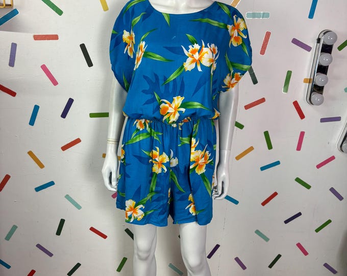 True vintage 1980s blue daffodil floral print playsuit - size 12