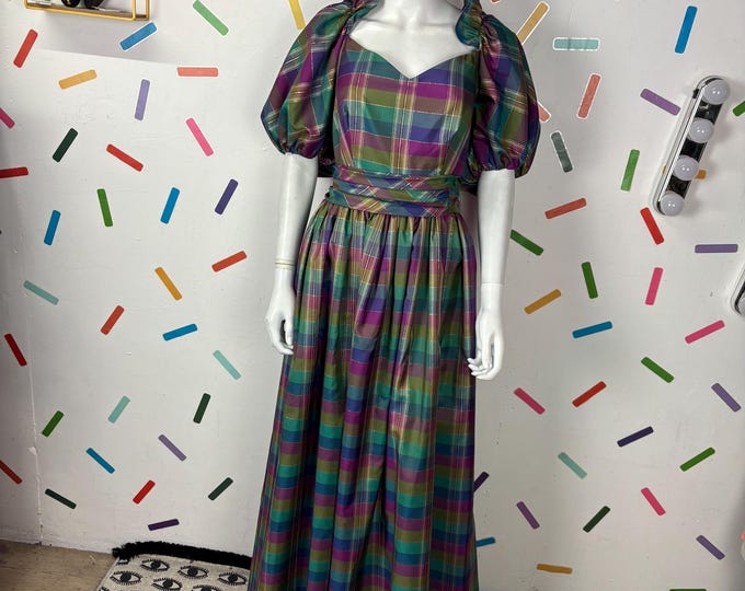 1980s true vintage pink / purple / green check prairie  maxi dress - size 12