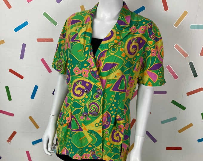 70s vintage abstract design bright green/ orange design short sleeve jacket with pockets - size 14/16