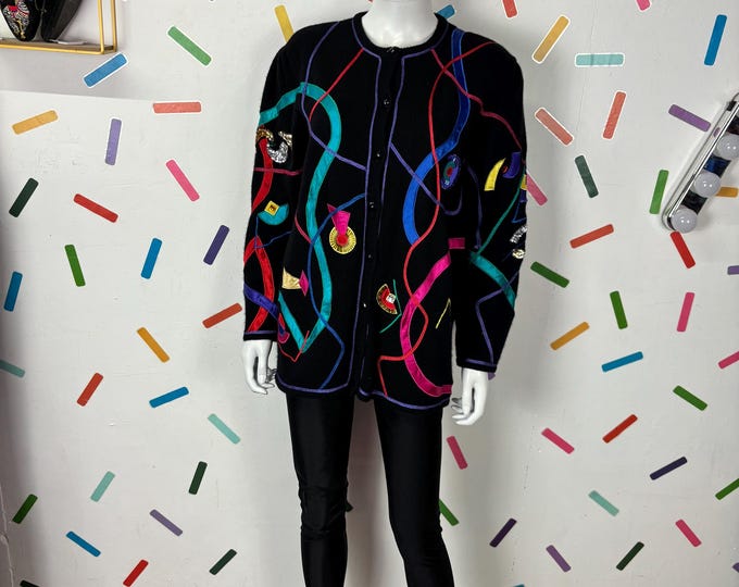 Insane 1980s jewel/ ribbon design knitted cardigan with 3D details - Size 12/14