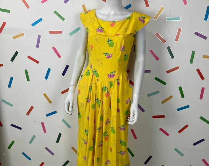 1970s/80s true vintage bright yellow fruit design collar detail midi dress with pockets - Size up to 8-12