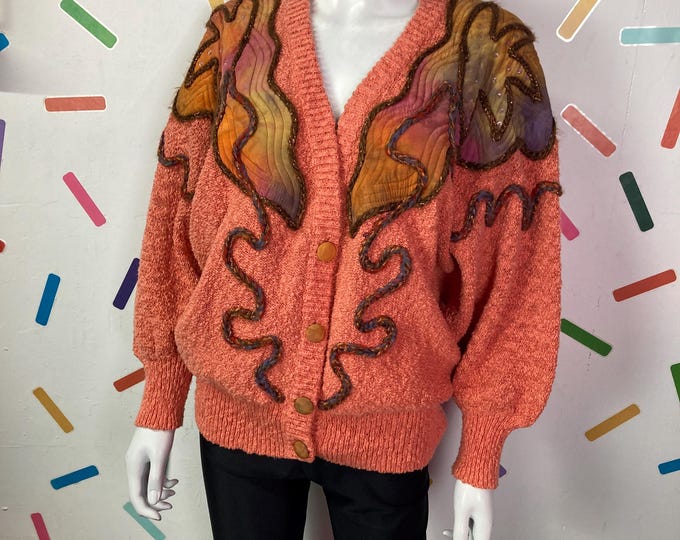 80s true vintage Mary Farrin peach knitted batwing cardigan Size up to 14/16
