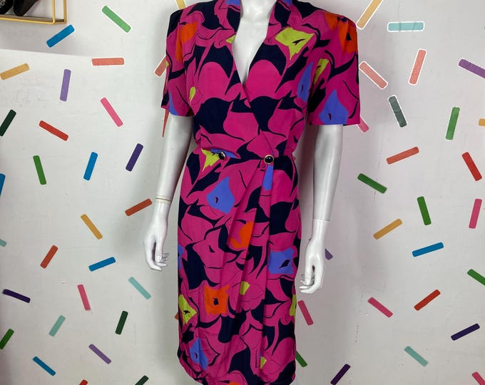 1980s vintage bright pink floral midi wrap dress size 14/16